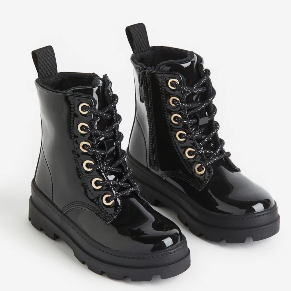 H&M Kids Shiny Warm Lined Black Combat Boots